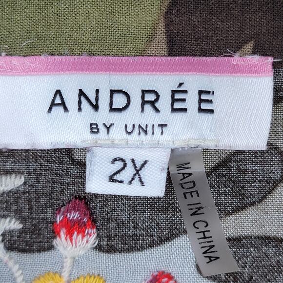 2X Boho Chic Button Top Roll Tab Sleeve Camo Colorful Embroidery Floral Andree - Picture 9 of 13